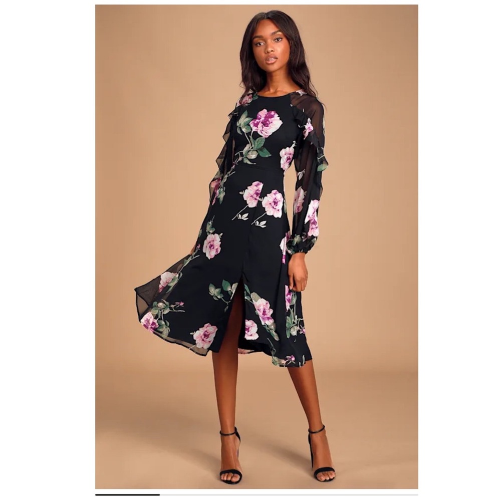Lulus Once and Flor-All Black Floral Print Long Sleeve Midi Dress Size Small